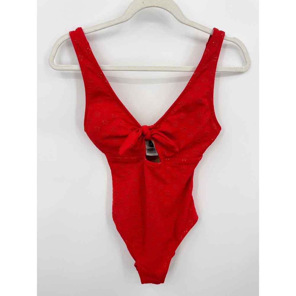 J.Crew Eyelet Tie-Front One-Piece Swimsuit Women XS Red BP335 Cutout Embroidery